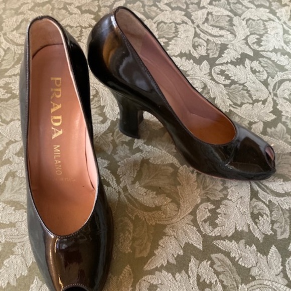 Prada Brown Patent Leather Peep Toe Pumps - Picture 2 of 9